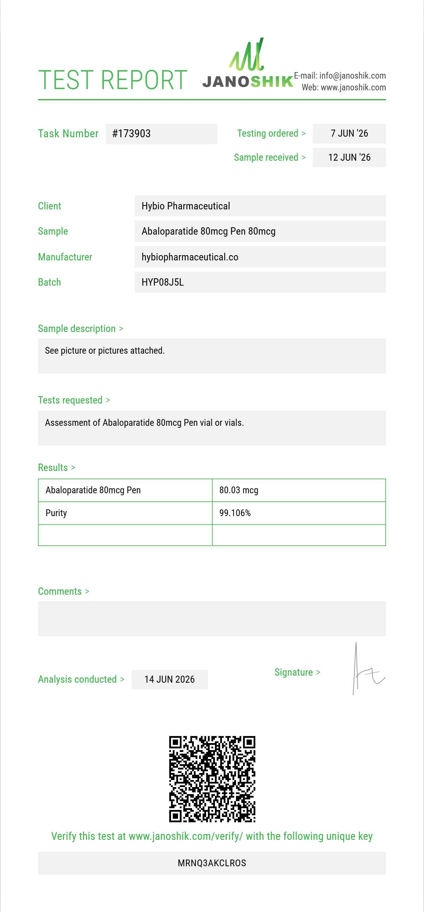 Abaloparatide Purity (HPLC) report by Janoshik Analytical