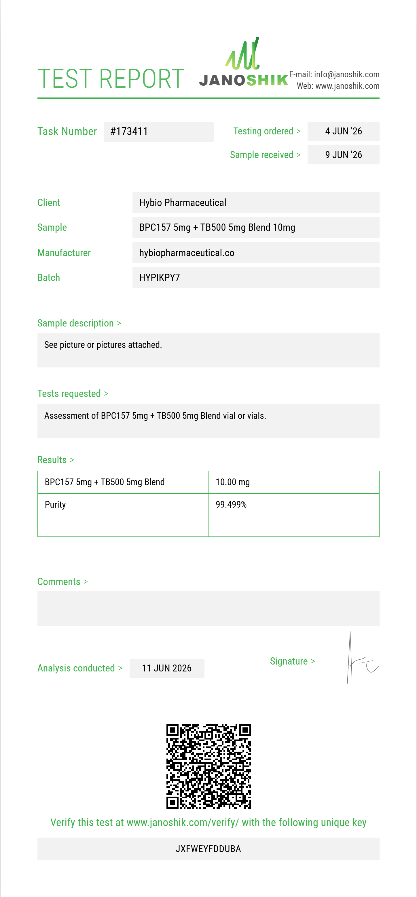 BPC157 5mg + TB500 5mg Blend Purity (HPLC) report by Janoshik Analytical