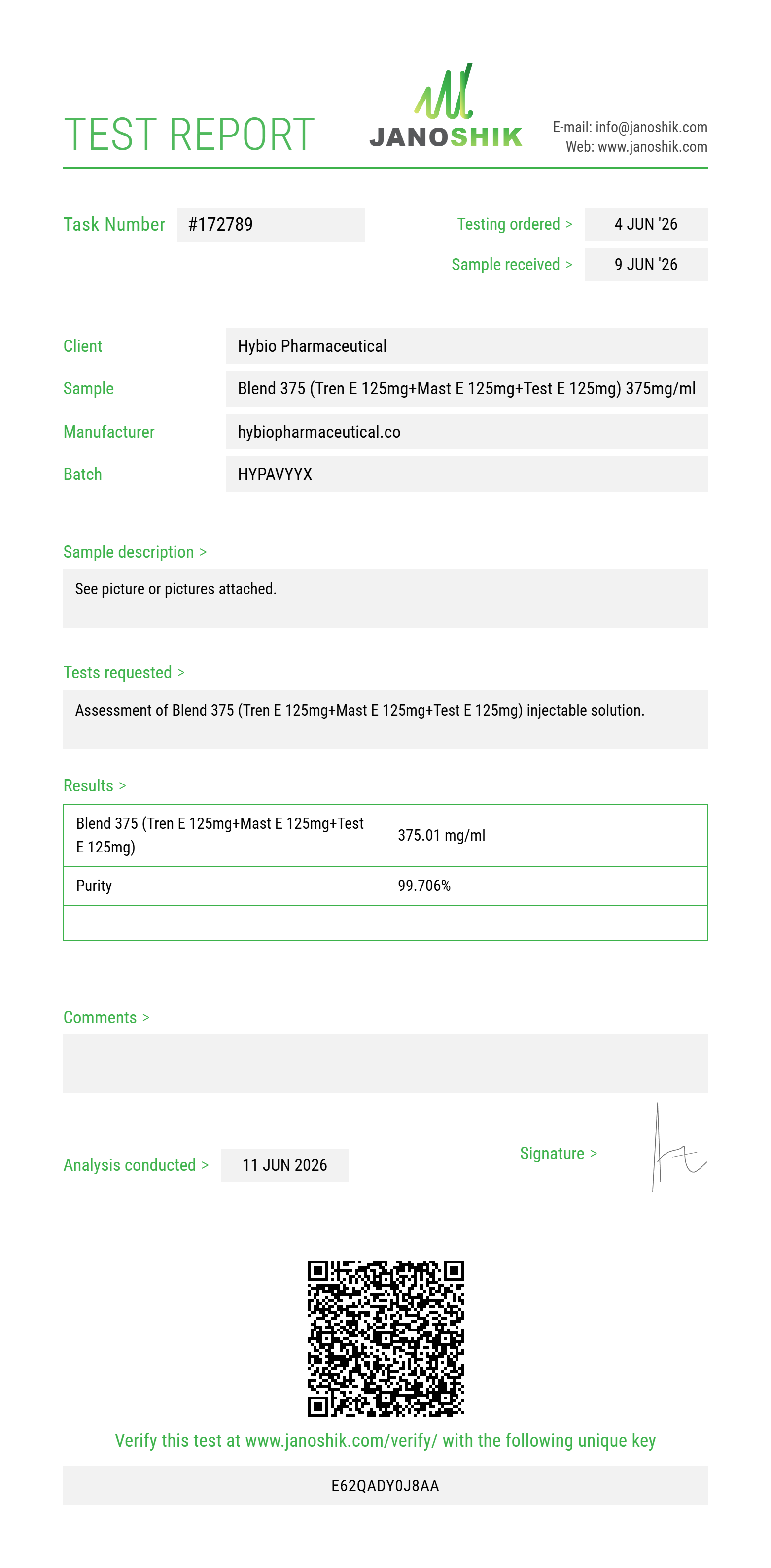 Blend 375 (Tren E 125mg+Mast E 125mg+Test E 125mg) Purity Test Report by Janoshik