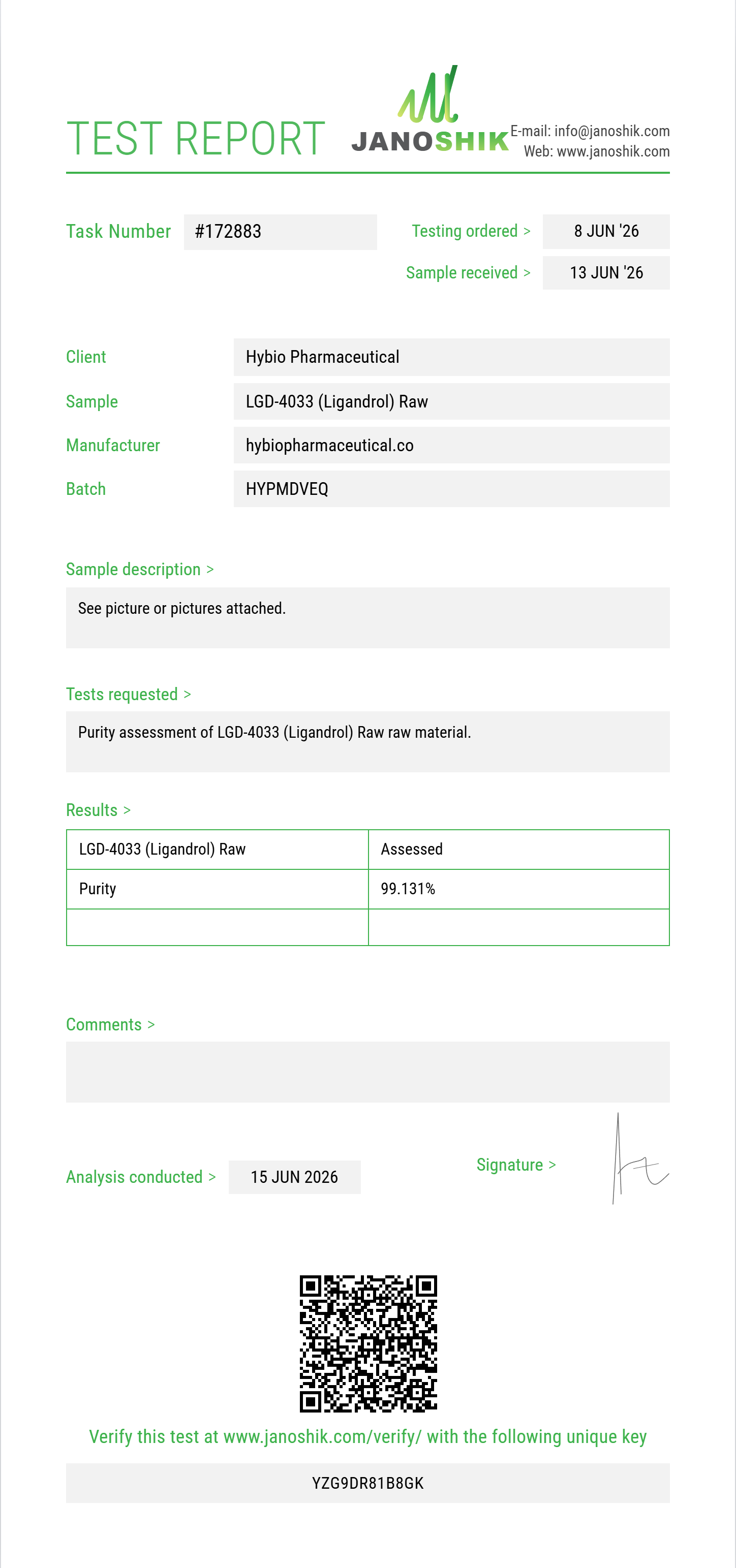 LGD-4033 (Ligandrol) Raw Purity (HPLC) report by Janoshik Analytical