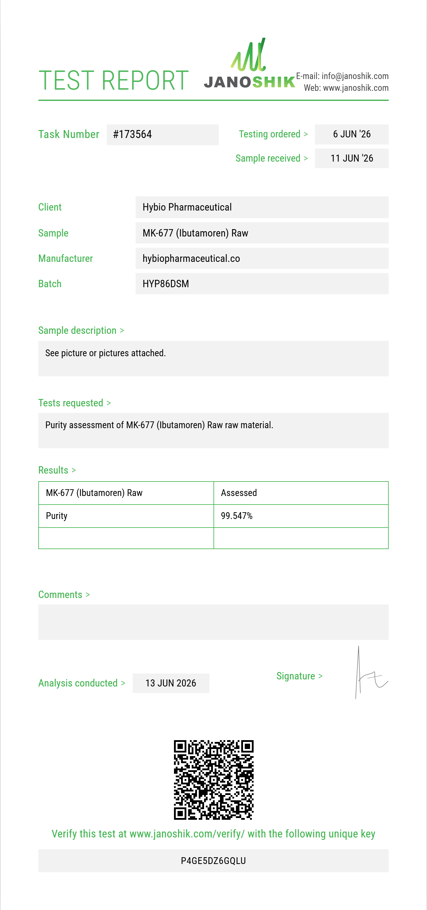 MK-677 (Ibutamoren) Raw Purity (HPLC) report by Janoshik Analytical