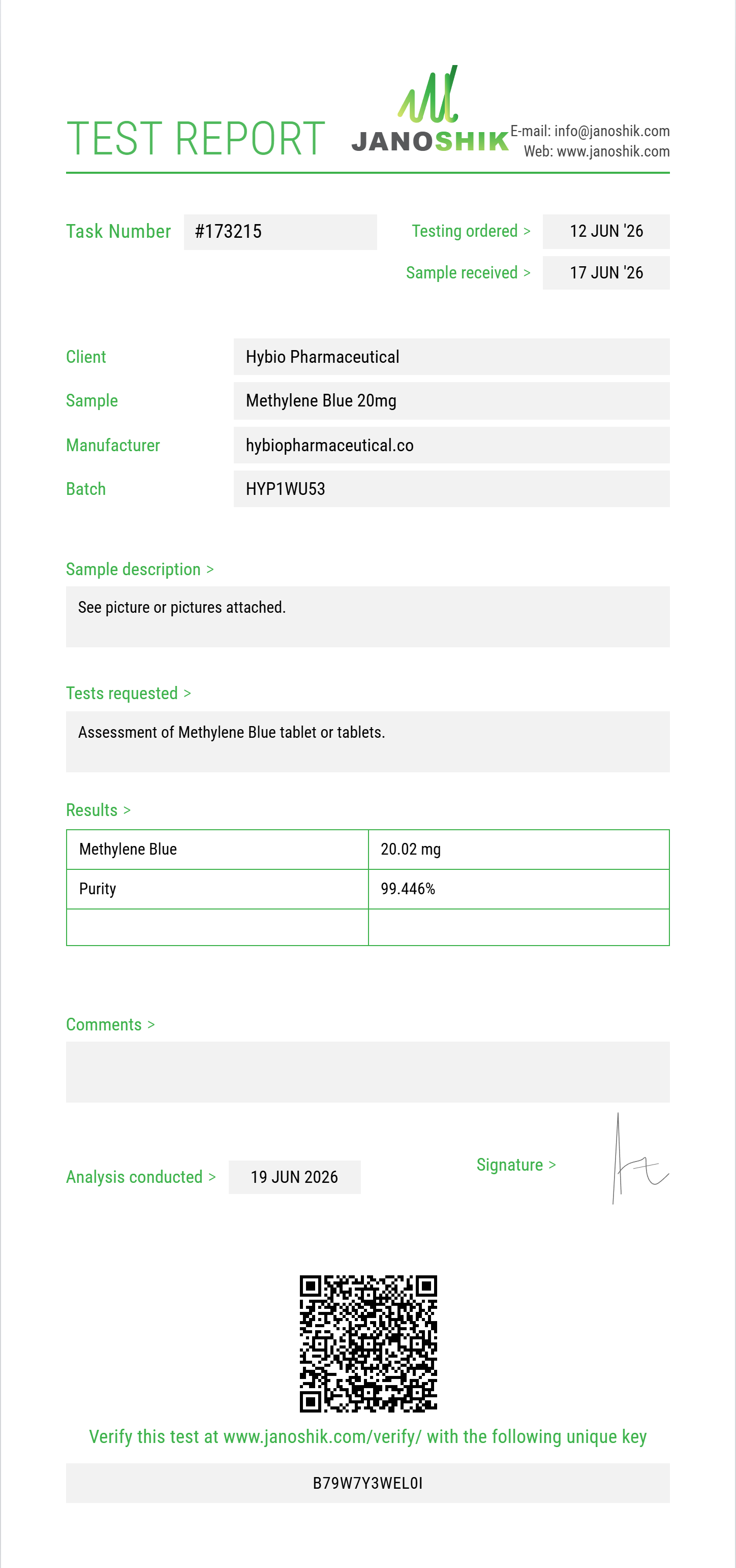 Methylene Blue Purity (HPLC) report by Janoshik Analytical