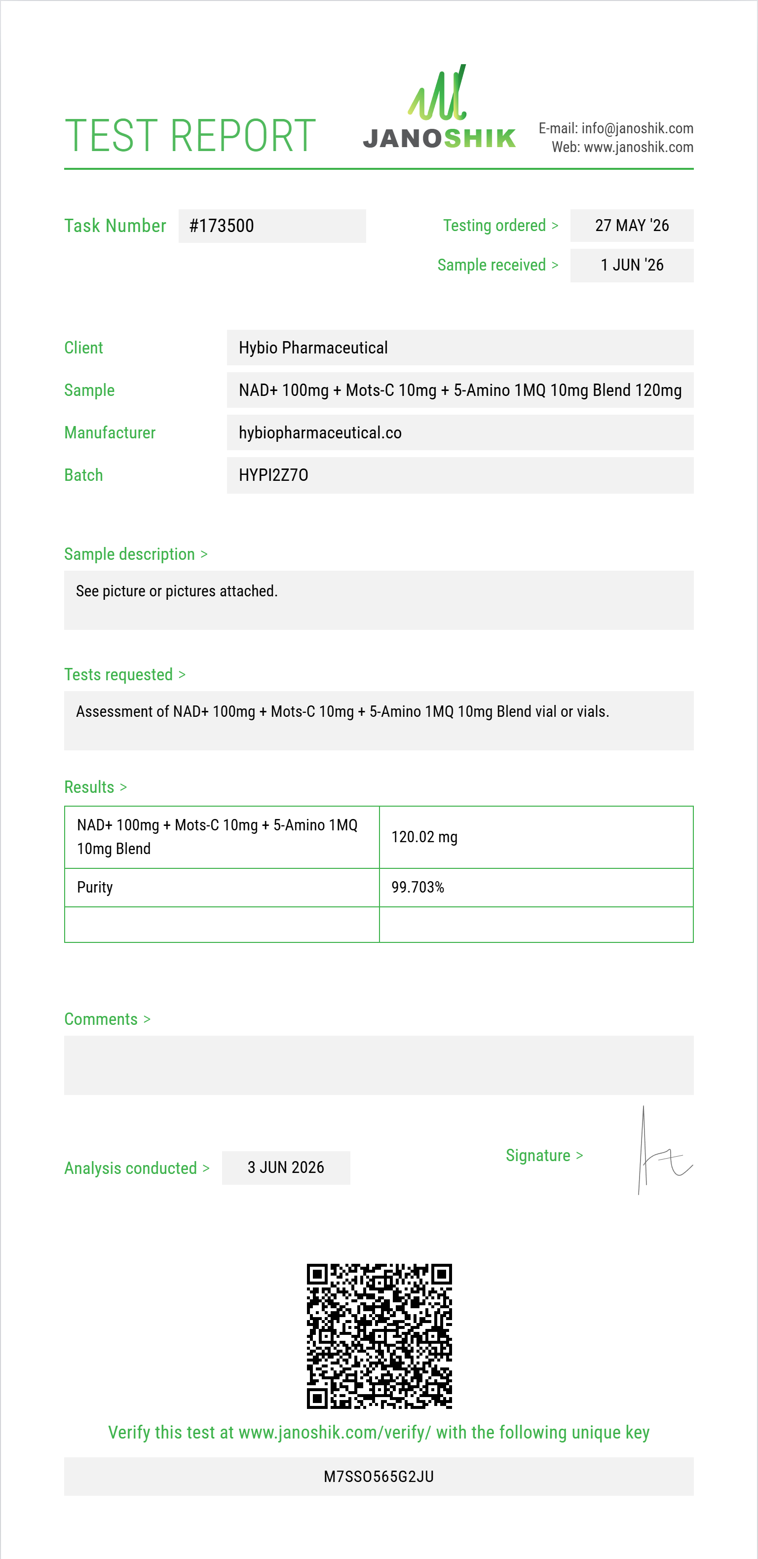NAD+ 100mg + Mots-C 10mg + 5-Amino 1MQ 10mg Blend Purity (HPLC) report by Janoshik Analytical