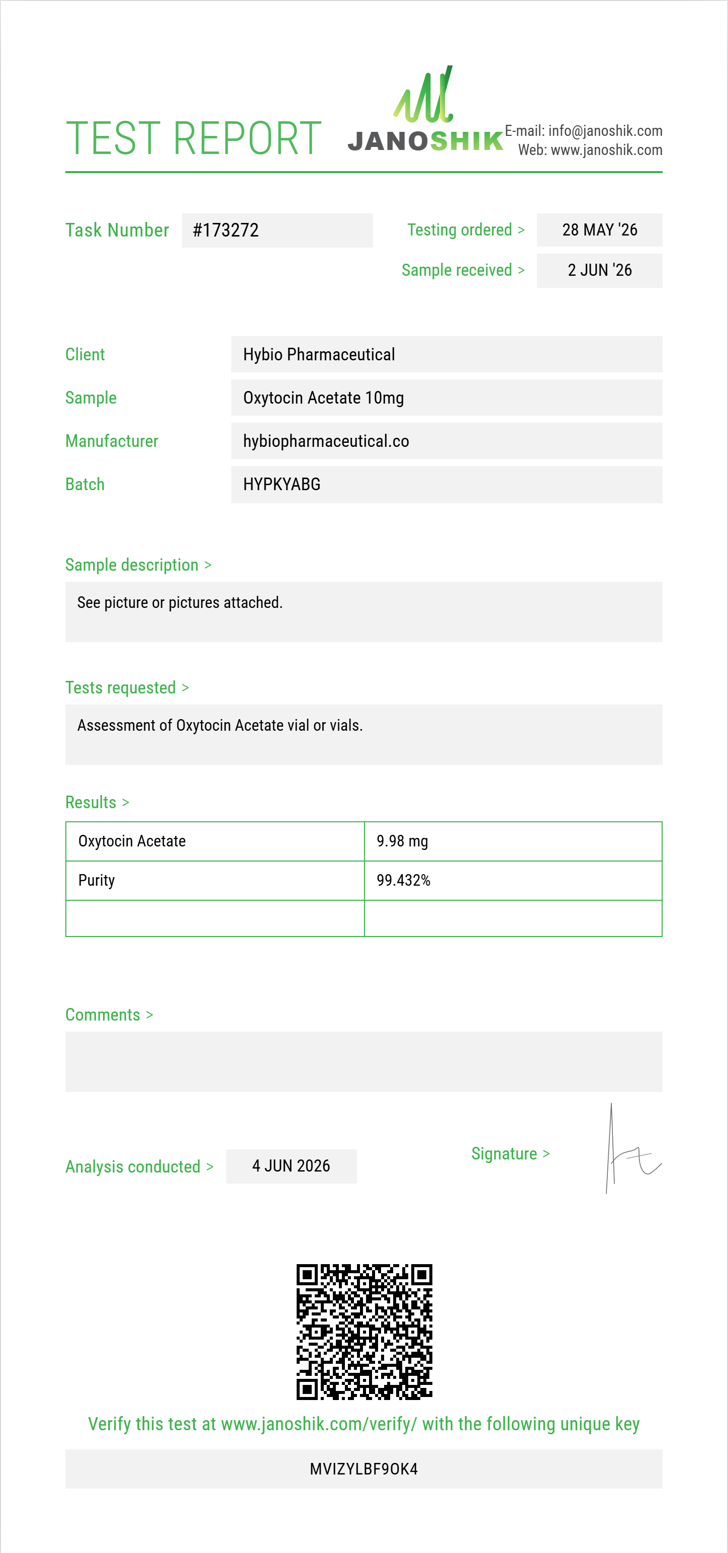 Oxytocin Acetate Purity (HPLC) report by Janoshik Analytical