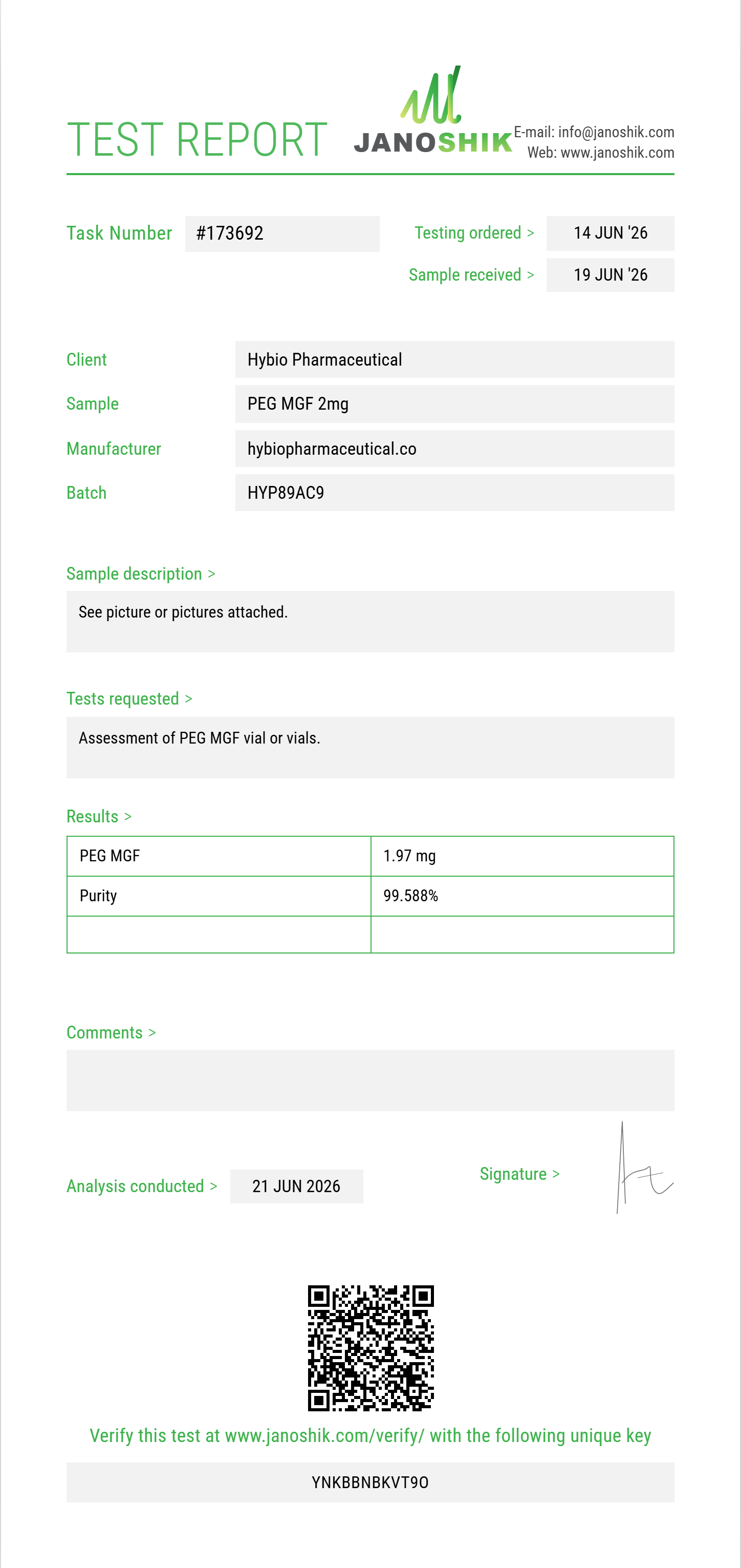 PEG MGF Purity (HPLC) report by Janoshik Analytical