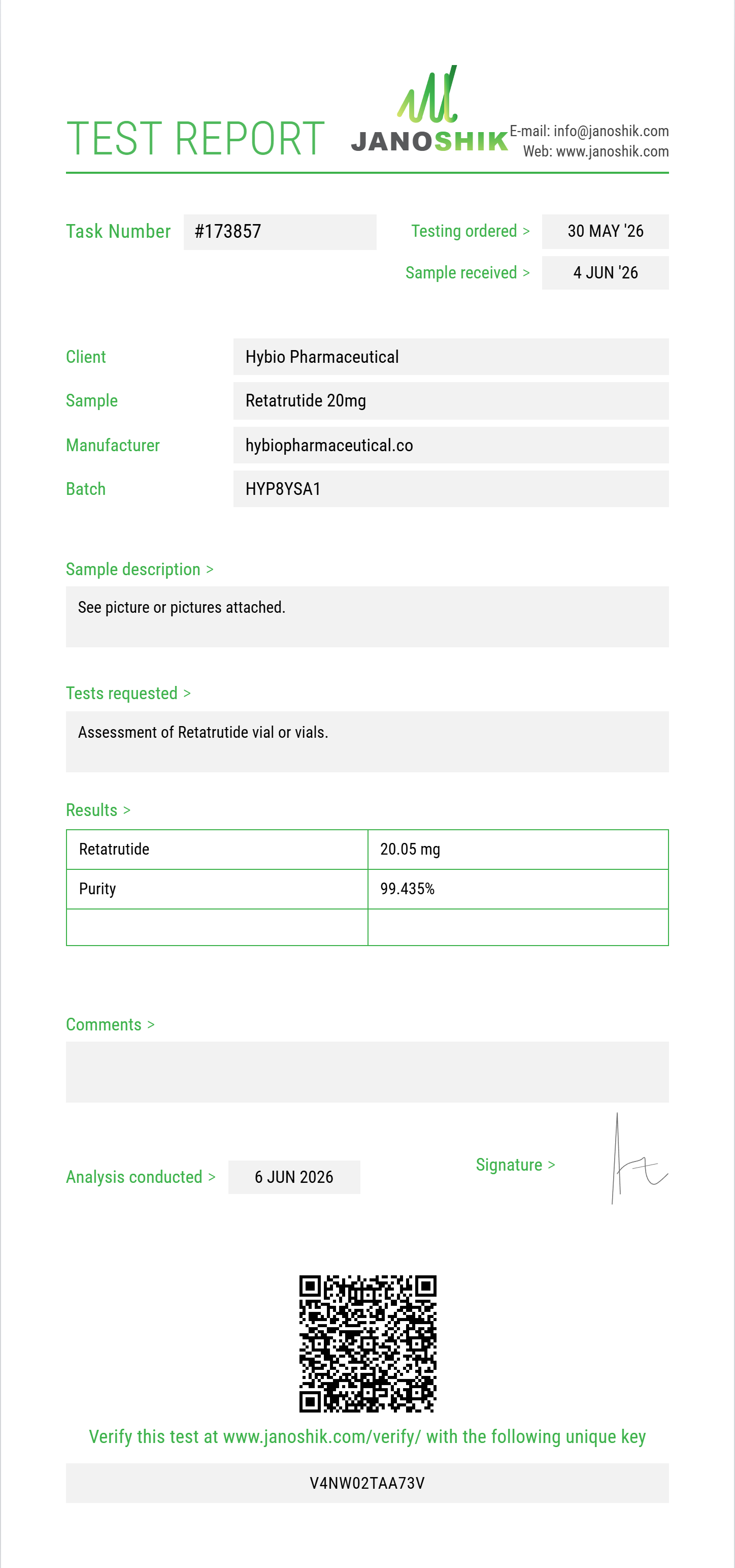 Retatrutide Purity (HPLC) report by Janoshik Analytical