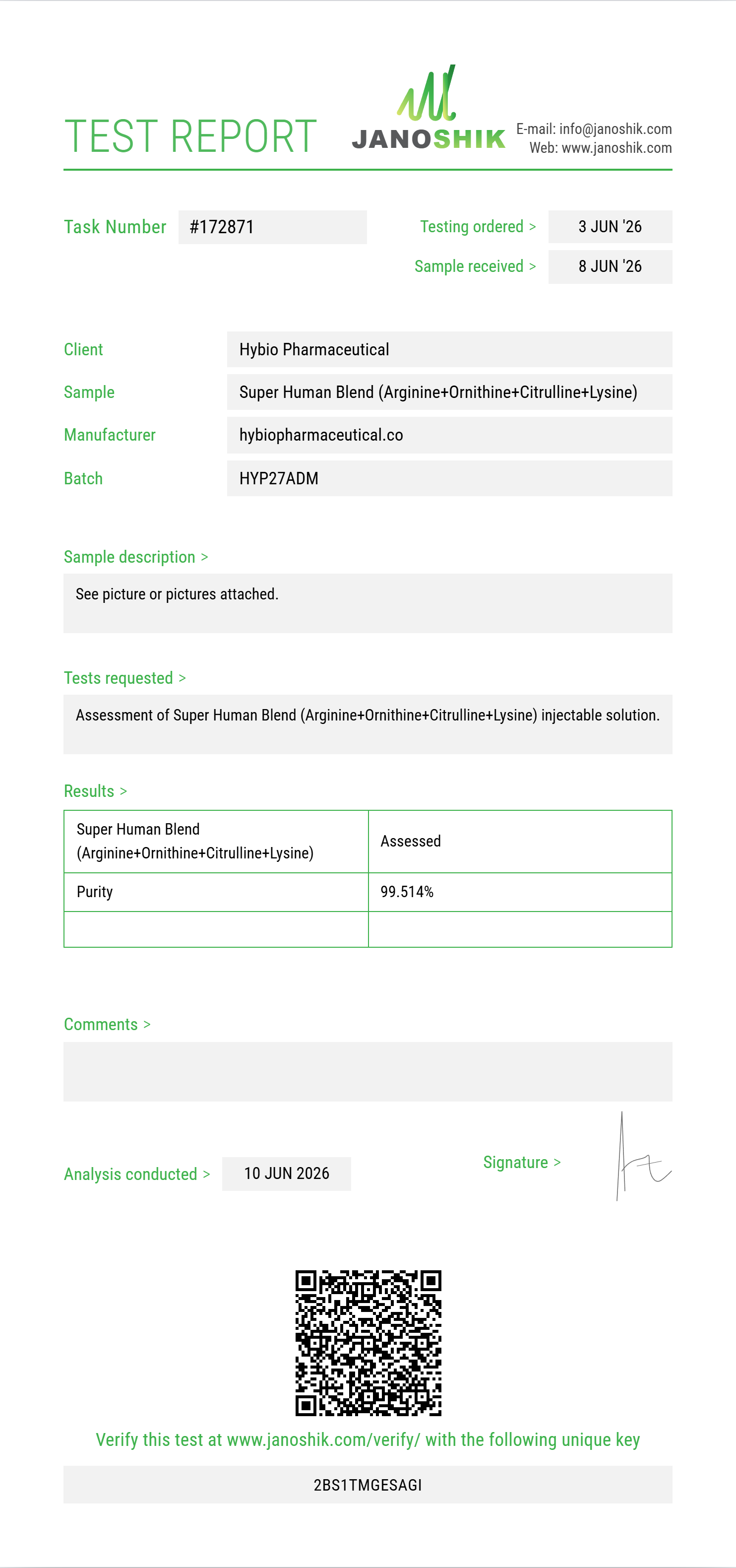 Super Human Blend (Arginine+Ornithine+Citrulline+Lysine+Glutamine+Proline+Taurine+Carnitine+NAC) Purity Test Report by Janoshik