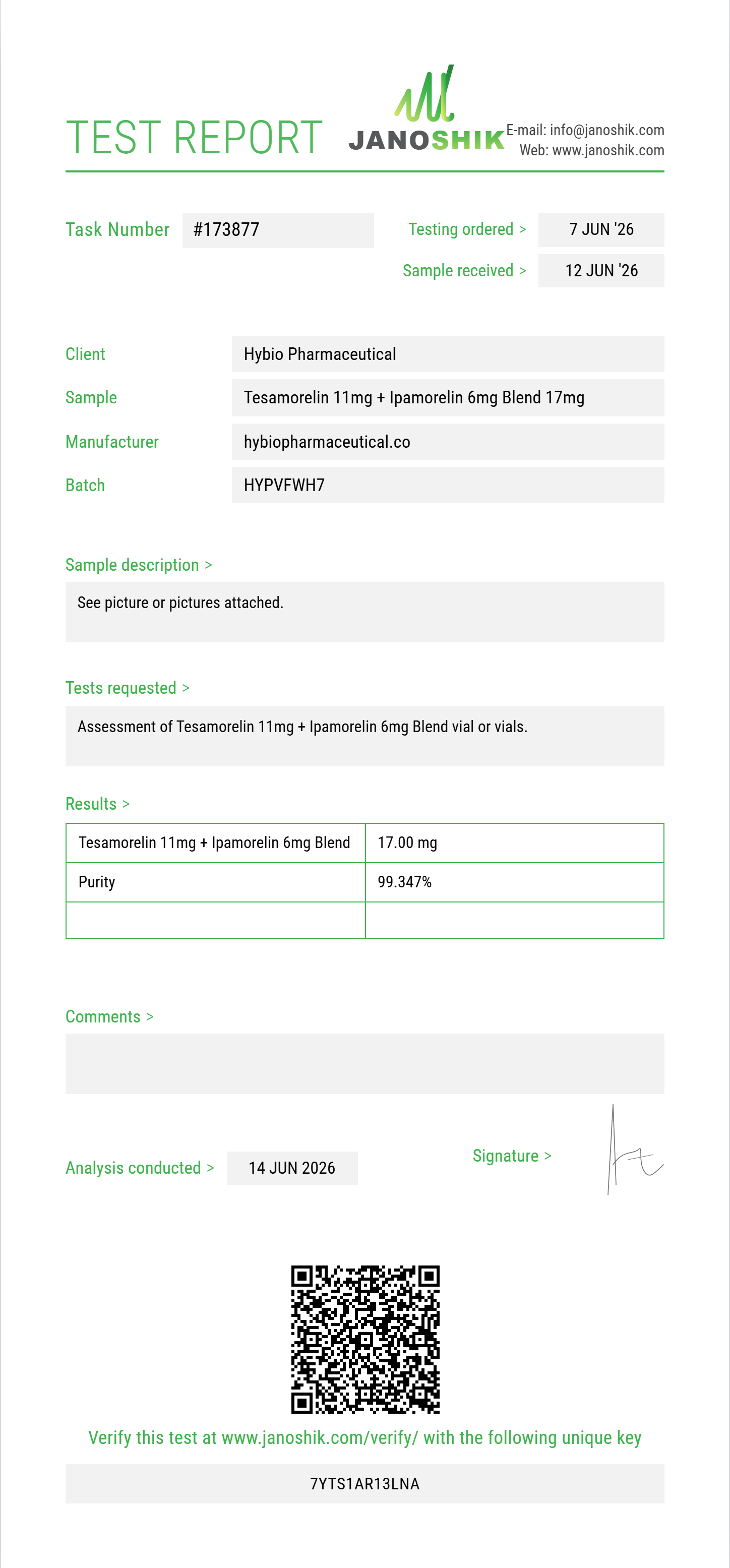 Tesamorelin 11mg + Ipamorelin 6mg Blend Purity (HPLC) report by Janoshik Analytical