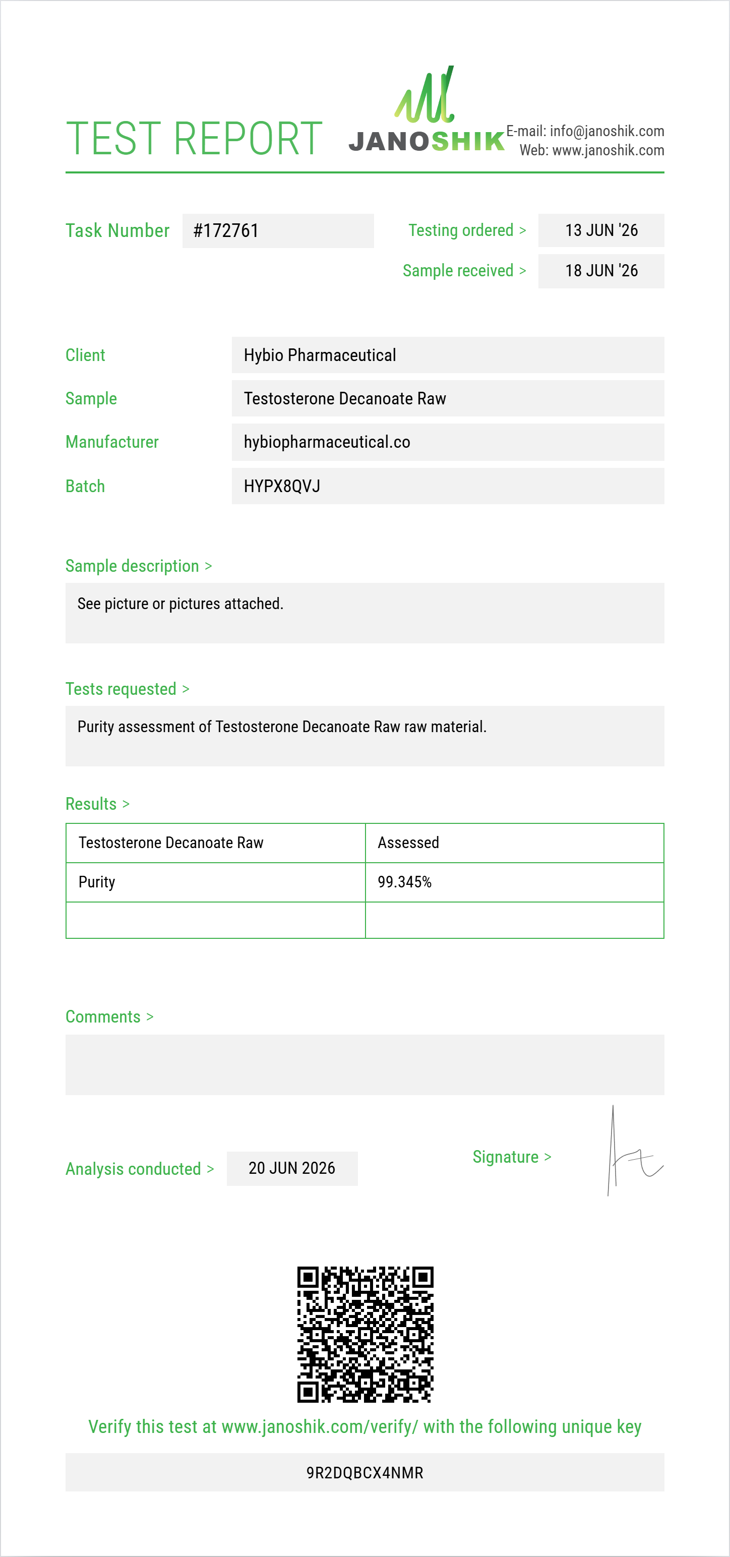 Testosterone Decanoate Raw Purity (HPLC) report by Janoshik Analytical