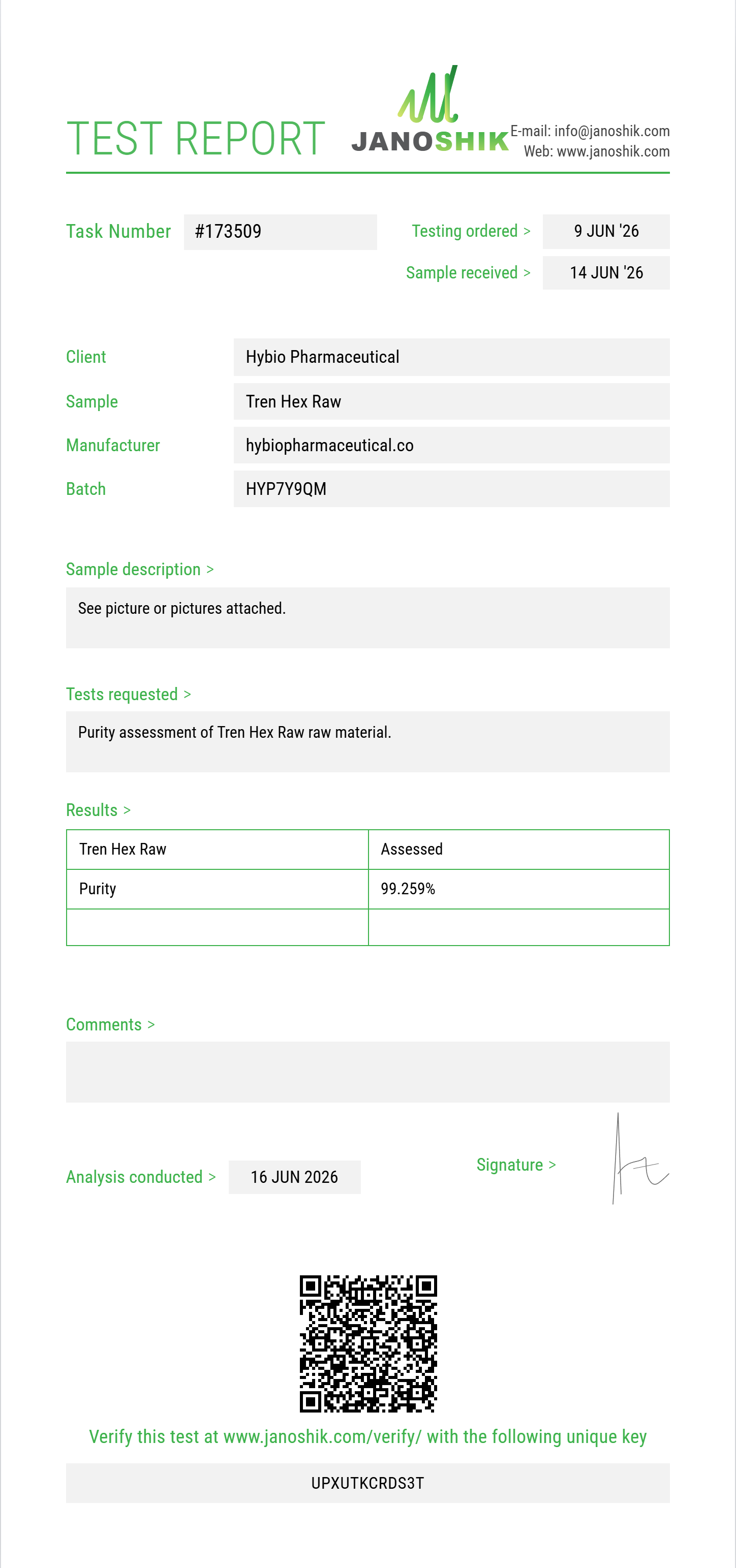 Tren Hex Raw Purity (HPLC) report by Janoshik Analytical