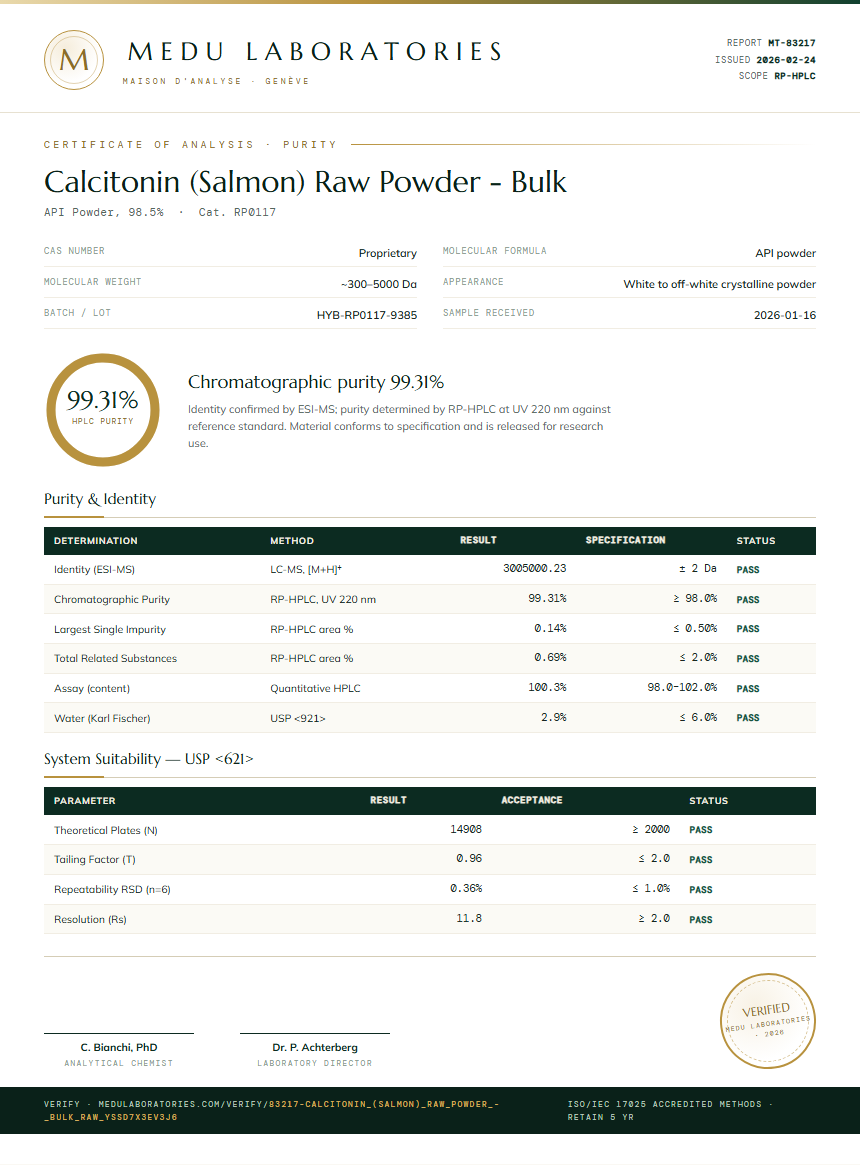 Calcitonin (Salmon) Raw Powder - Bulk Purity / RP-HPLC report by Medu Laboratories