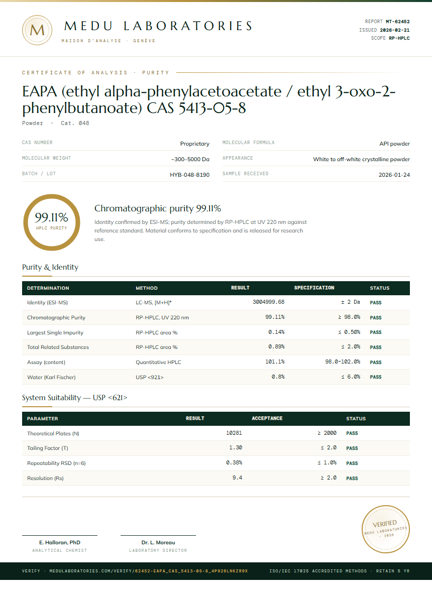 EAPA (ethyl alpha-phenylacetoacetate / ethyl 3-oxo-2-phenylbutanoate) CAS 5413-05-8 Purity / RP-HPLC report by Medu Laboratories