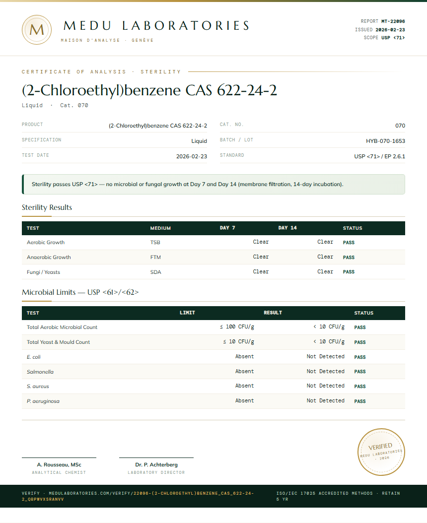 (2-Chloroethyl)benzene CAS 622-24-2 Sterility report by Medu Laboratories