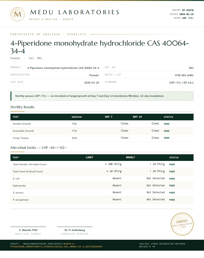 4-Piperidone monohydrate hydrochloride CAS 40064-34-4 Sterility report by Medu Laboratories