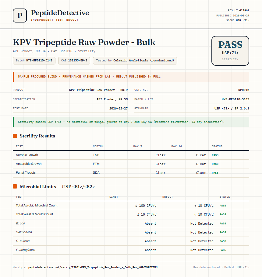 KPV Tripeptide Raw Powder - Bulk Sterility report by PeptideDetective