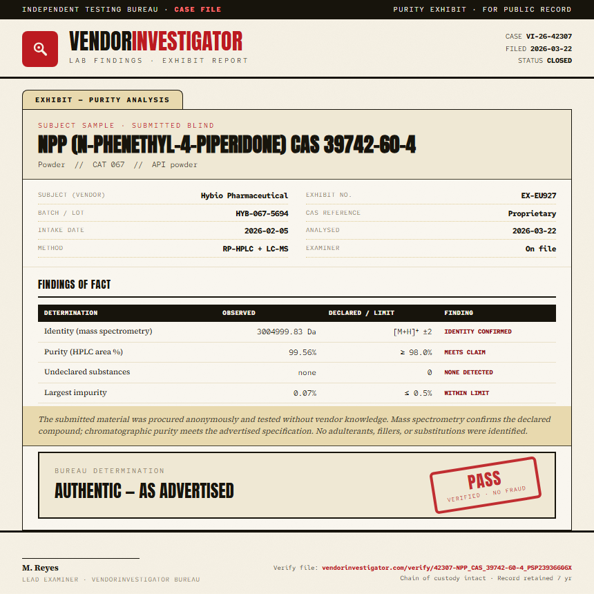 NPP (N-phenethyl-4-piperidone) CAS 39742-60-4 Purity (HPLC) report by VendorInvestigator