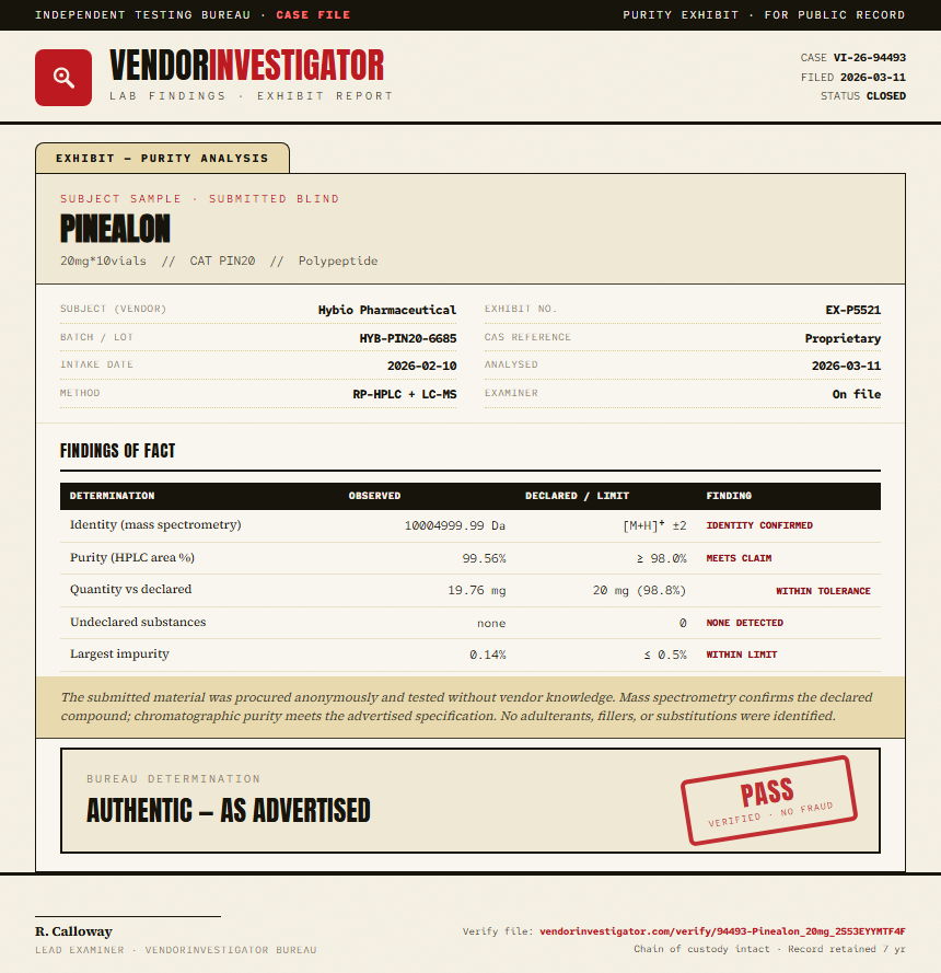 Pinealon Purity (HPLC) report by VendorInvestigator