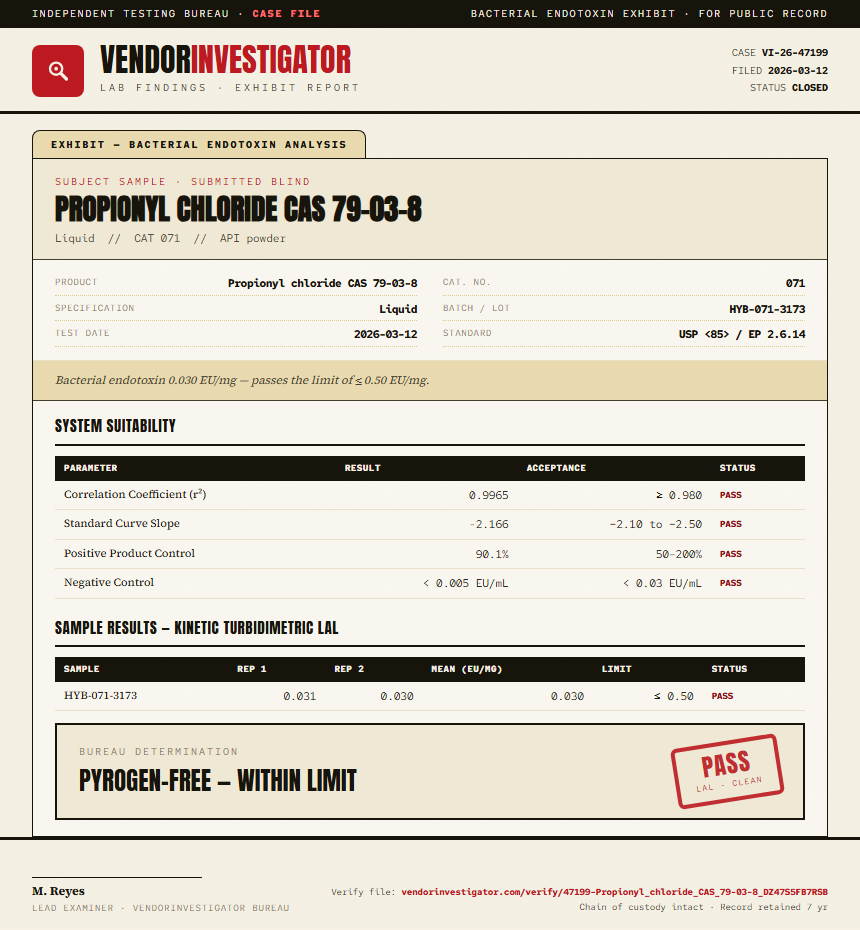 Propionyl chloride CAS 79-03-8 Endotoxin report by VendorInvestigator