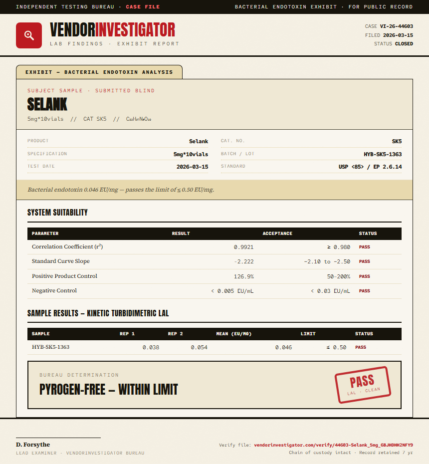 Selank Endotoxin report by VendorInvestigator