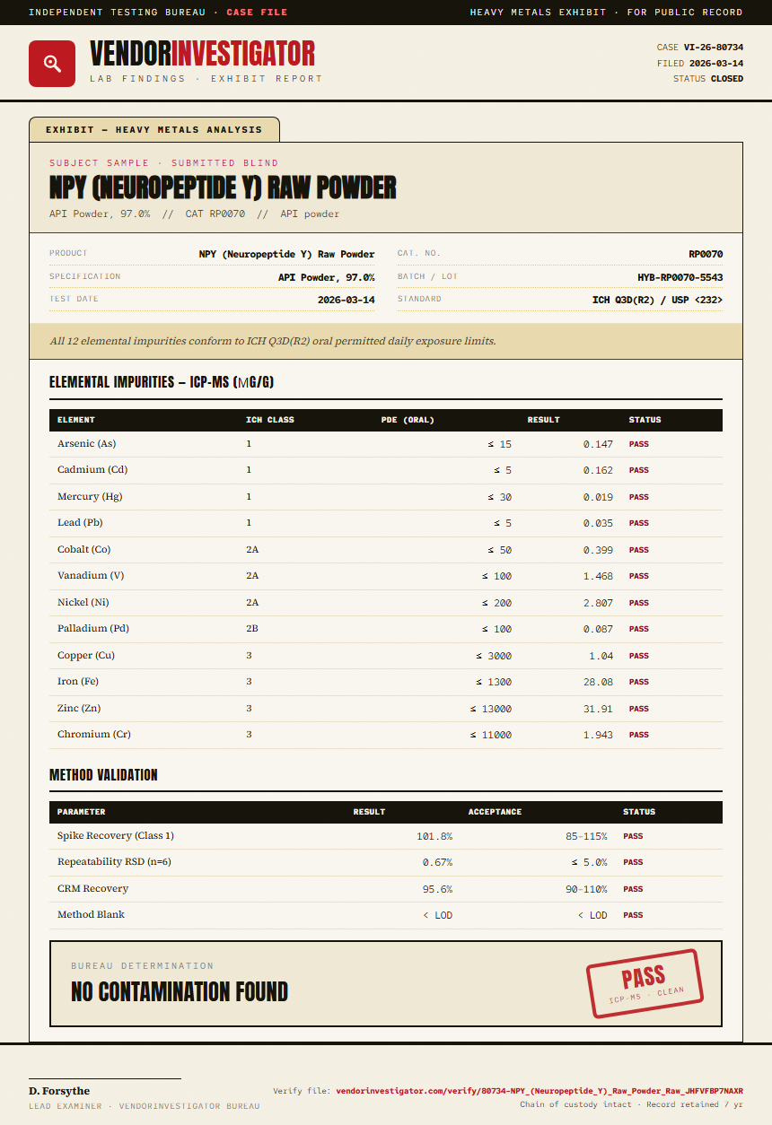 NPY (Neuropeptide Y) Raw Powder Heavy Metals report by VendorInvestigator