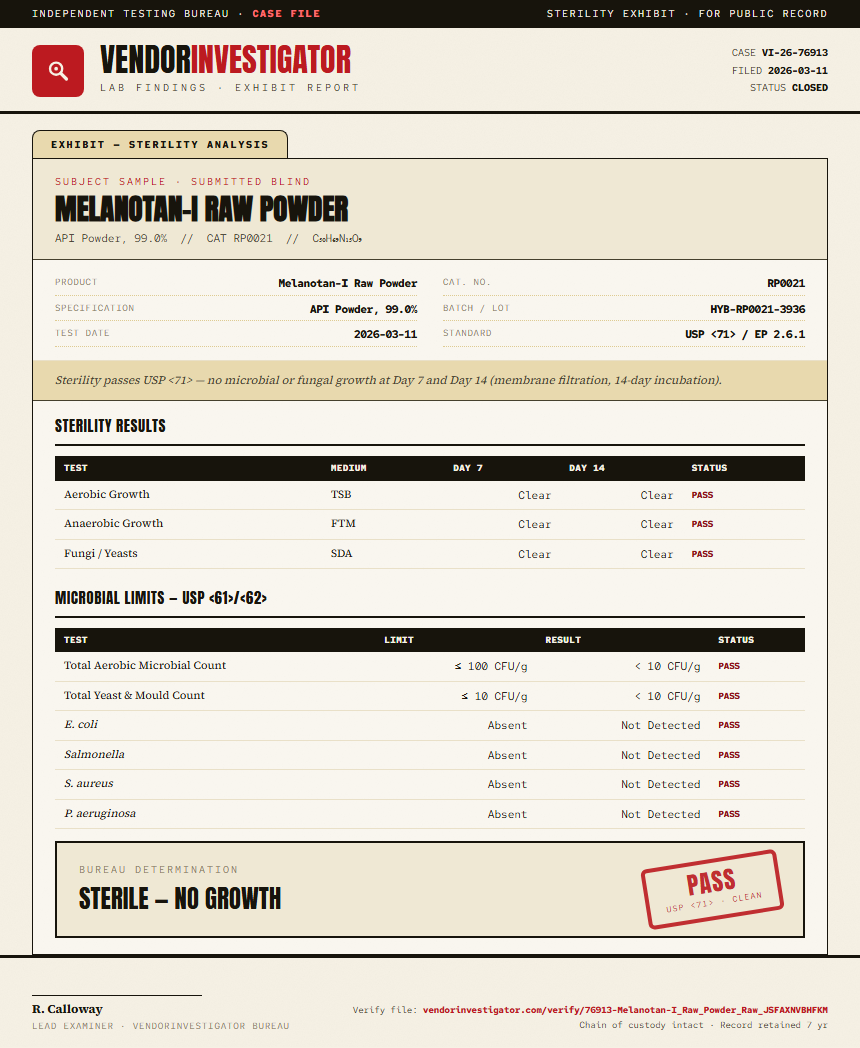 Melanotan-I Raw Powder Sterility report by VendorInvestigator