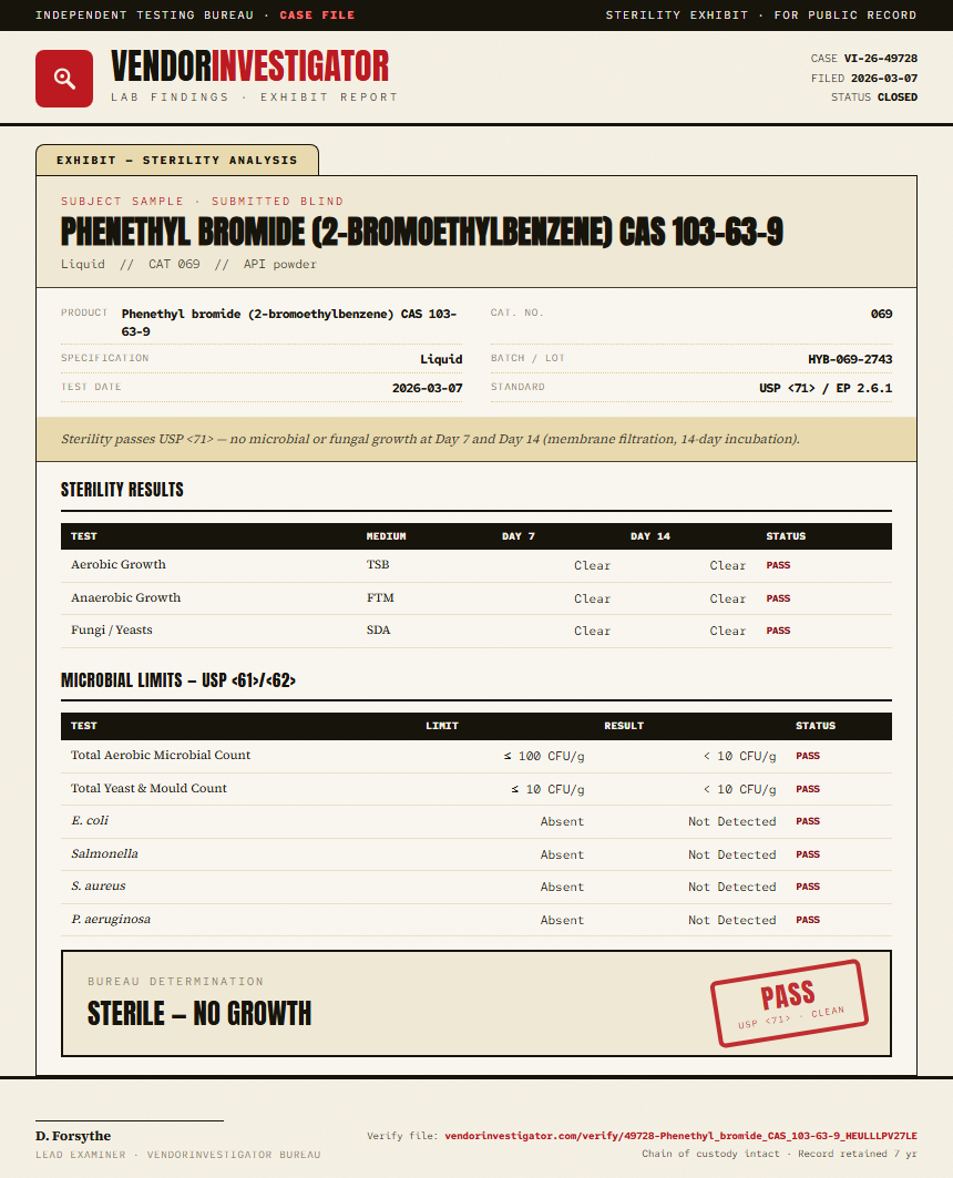 Phenethyl bromide (2-bromoethylbenzene) CAS 103-63-9 Sterility report by VendorInvestigator
