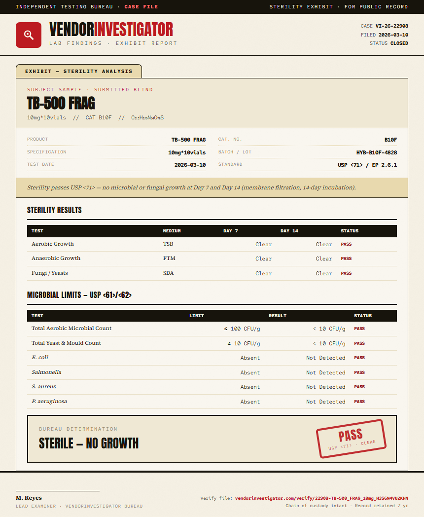 TB-500 FRAG Sterility report by VendorInvestigator